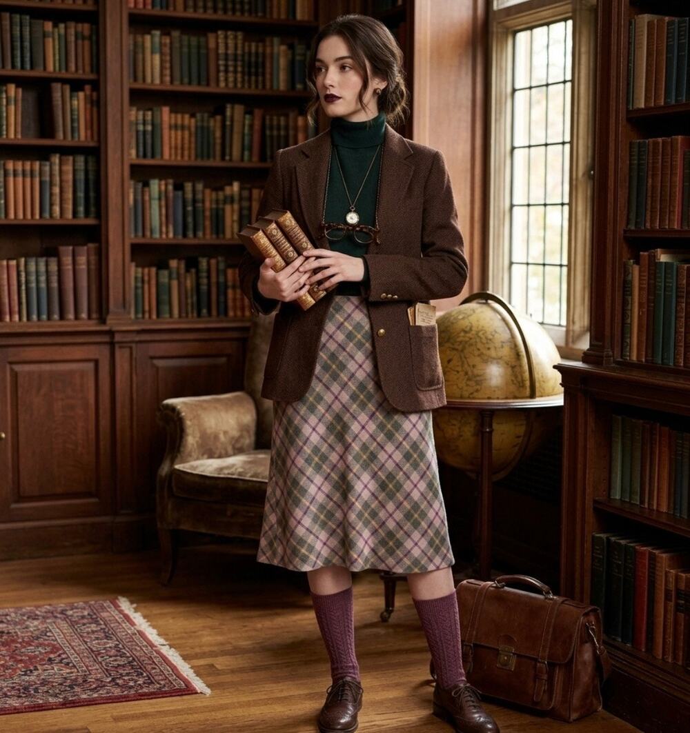 Vintage Plaid Wool MidiSkirt Dark Academic Cottagecore Grunge retro indie preppy